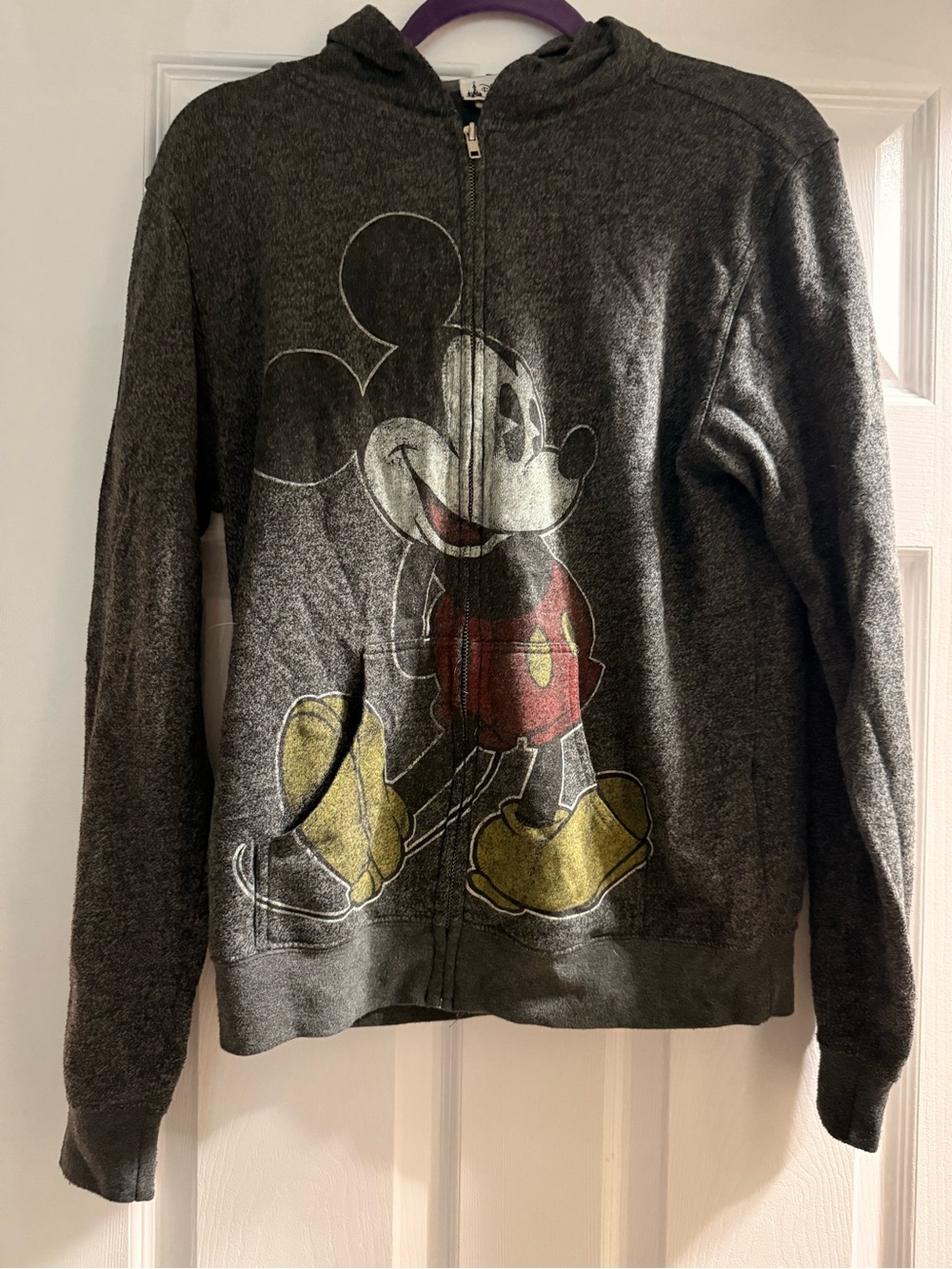 Disney Charcoal Mickey Mouse Zip Hoodie with Red and Yellow Graphic